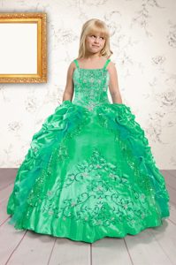 Nice Green Lace Up Pageant Dress Beading and Appliques and Pick Ups Sleeveless Floor Length