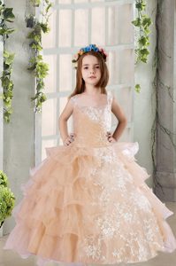 Superior Champagne Ball Gowns Organza Square Sleeveless Lace and Ruffled Layers Floor Length Zipper Evening Gowns