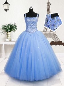 Sleeveless Floor Length Beading and Ruffles Lace Up Child Pageant Dress with Royal Blue