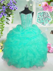 Admirable Sleeveless Organza Floor Length Lace Up Pageant Dress Wholesale in Turquoise for with Beading and Ruffles and Pick Ups