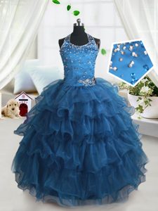 Dazzling Teal Spaghetti Straps Neckline Beading and Ruffled Layers Pageant Dress Wholesale Sleeveless Lace Up