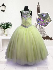 Best Apple Green Organza Zipper Scoop Sleeveless Floor Length Pageant Gowns For Girls Beading