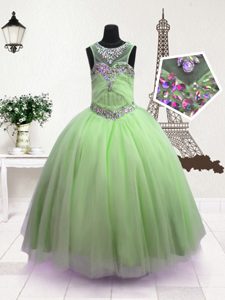 Scoop Green Sleeveless Beading Floor Length Pageant Gowns For Girls