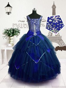 New Arrival Straps Sleeveless Pageant Gowns For Girls Floor Length Beading and Belt Royal Blue Tulle