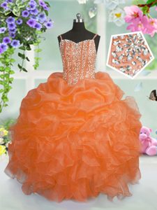 Eye-catching Orange Spaghetti Straps Lace Up Beading and Ruffles and Pick Ups Kids Pageant Dress Sleeveless