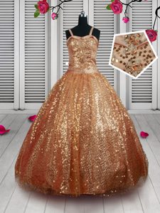 Trendy Rust Red Ball Gowns Beading and Sequins Glitz Pageant Dress Lace Up Sequined Sleeveless Floor Length
