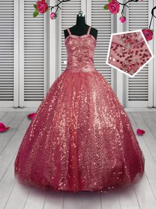 Excellent Watermelon Red Ball Gowns Sequined Straps Sleeveless Beading and Sequins Floor Length Lace Up Custom Made Pageant Dress