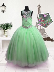 Scoop Apple Green Zipper Pageant Gowns Beading Sleeveless Floor Length