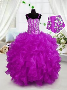 Customized Floor Length Lace Up Pageant Dress Wholesale Hot Pink and In for Party and Wedding Party with Beading and Ruffles