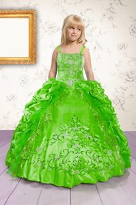 Green Satin Lace Up Spaghetti Straps Sleeveless Floor Length Glitz Pageant Dress Beading and Appliques and Pick Ups