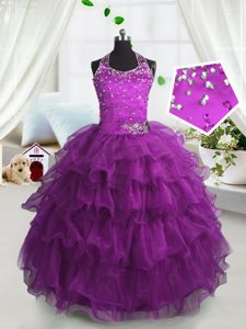 Great Scoop Sleeveless Floor Length Beading and Ruffled Layers Lace Up Little Girl Pageant Gowns with Fuchsia