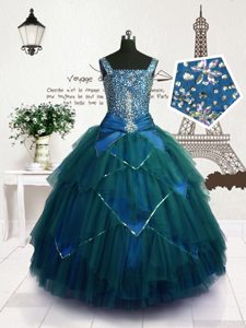 Teal Ball Gowns Straps Sleeveless Tulle Floor Length Lace Up Beading and Belt Girls Pageant Dresses