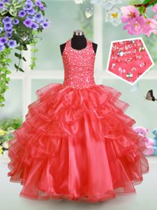 Purple Spaghetti Straps Neckline Beading and Ruffles Kids Pageant Dress Sleeveless Lace Up