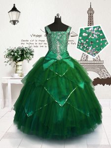 Popular Dark Green Lace Up Pageant Dress Wholesale Beading and Belt Sleeveless Floor Length