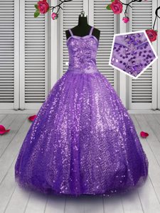 Graceful Lavender Pageant Dress Toddler Party and Wedding Party and For with Sequins Straps Sleeveless Lace Up