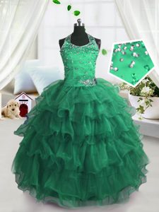 Luxurious Scoop Sleeveless Organza Floor Length Lace Up Pageant Gowns in Peacock Green for with Beading and Ruffled Layers