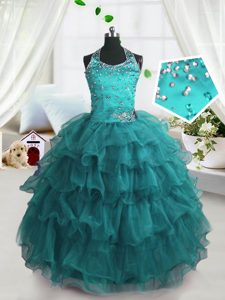 Ruffled Floor Length Turquoise Pageant Dress for Teens Spaghetti Straps Sleeveless Lace Up