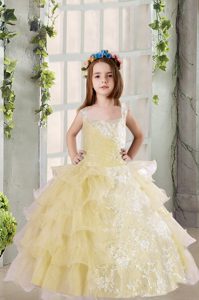 Graceful Square Sleeveless Pageant Dress for Womens Floor Length Lace and Ruffled Layers Light Yellow Organza