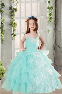 Light Blue Ball Gowns Square Sleeveless Organza Floor Length Lace Up Lace and Ruffled Layers Pageant Dress for Teens