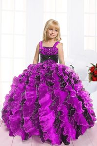 Attractive Fuchsia Ball Gowns Beading and Ruffles Glitz Pageant Dress Lace Up Organza Sleeveless Floor Length