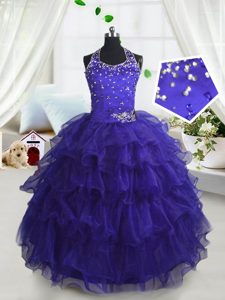 Affordable Ruffled Ball Gowns Child Pageant Dress Navy Blue Scoop Organza Sleeveless Floor Length Lace Up