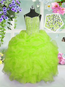 Pick Ups Yellow Green Sleeveless Organza Lace Up Little Girl Pageant Dress for Party and Wedding Party