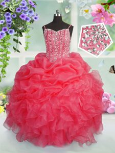 Sleeveless Floor Length Beading and Ruffles and Pick Ups Lace Up Pageant Dresses with Rose Pink