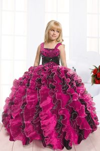 Black and Hot Pink Sleeveless Floor Length Beading and Ruffles Lace Up Pageant Dress Wholesale