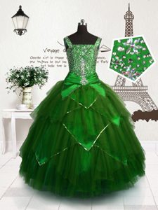 Dark Green Ball Gowns Beading and Sashes|ribbons Little Girls Pageant Gowns Lace Up Tulle Sleeveless Floor Length
