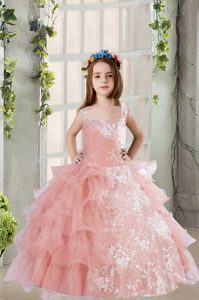 Perfect Ruffled Baby Pink Sleeveless Organza Lace Up Custom Made Pageant Dress for Party and Wedding Party