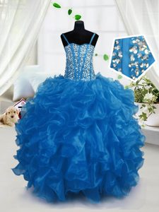 Organza Straps Sleeveless Lace Up Beading and Ruffles Pageant Dress in Turquoise