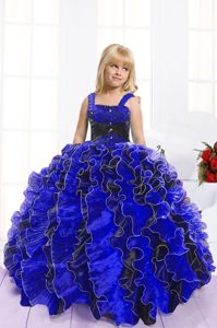 Spaghetti Straps Sleeveless Organza Pageant Gowns Beading and Ruffles Lace Up