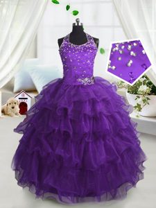 Pretty Scoop Purple Organza Lace Up Pageant Dress for Womens Sleeveless Floor Length Beading and Ruffled Layers