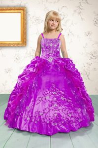 Fuchsia Spaghetti Straps Neckline Beading and Appliques and Pick Ups Pageant Dress Wholesale Sleeveless Lace Up