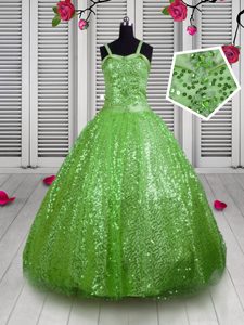 Apple Green Straps Neckline Beading and Sequins Pageant Dress for Teens Sleeveless Lace Up