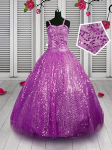 Hot Selling Sequined Straps Sleeveless Lace Up Beading and Sequins Little Girls Pageant Gowns in Purple