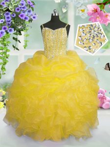 Floor Length Lace Up Winning Pageant Gowns Gold and In for Party and Wedding Party with Beading and Ruffles and Pick Ups