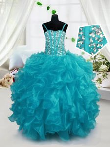 Custom Design Aqua Blue Spaghetti Straps Lace Up Beading and Ruffles Little Girls Pageant Dress Sleeveless