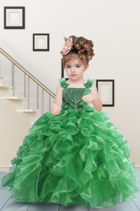 Eye-catching Green Sleeveless Floor Length Beading and Ruffles Lace Up Pageant Dress Womens