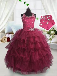 Excellent Organza Scoop Sleeveless Lace Up Beading and Ruffled Layers Little Girls Pageant Dress in Watermelon Red