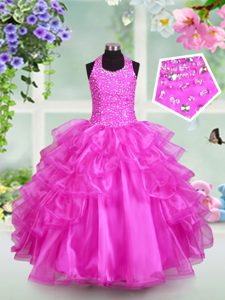 Hot Sale Sleeveless Floor Length Beading and Ruffles and Pick Ups Lace Up Pageant Dress with Baby Pink