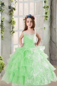 Perfect Apple Green Sleeveless Floor Length Lace and Ruffled Layers Lace Up Pageant Dress for Girls