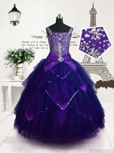 Exquisite Floor Length Purple Custom Made Pageant Dress Straps Sleeveless Lace Up