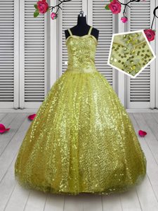 Sequins Glitz Pageant Dress Gold Lace Up Sleeveless Floor Length