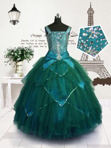 Simple Sleeveless Floor Length Beading and Belt Lace Up Child Pageant Dress with Teal