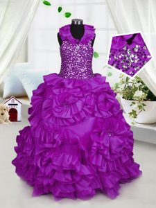 Halter Top Purple Sleeveless Beading Floor Length High School Pageant Dress