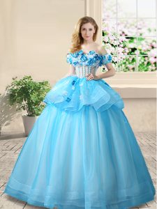 Unique Floor Length Baby Blue Ball Gown Prom Dress Off The Shoulder Sleeveless Lace Up