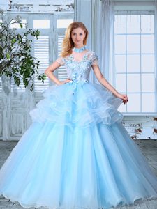 Best SeeThrough Short Sleeves Organza Floor Length Lace Up 15 Quinceanera Dress in Light Blue for with Appliques and Ruffled Layers