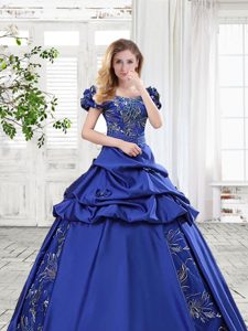 Off the Shoulder Floor Length Royal Blue Ball Gown Prom Dress Taffeta Cap Sleeves Appliques and Pick Ups and Bowknot