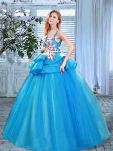 Modern Blue Scoop Neckline Appliques and Hand Made Flower Sweet 16 Quinceanera Dress Sleeveless Lace Up